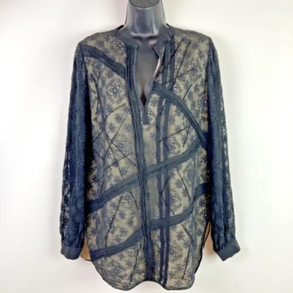 Sachin Babi Ankasa L Tunic Top Blouse popover Silk Embroidered Black Eyelet